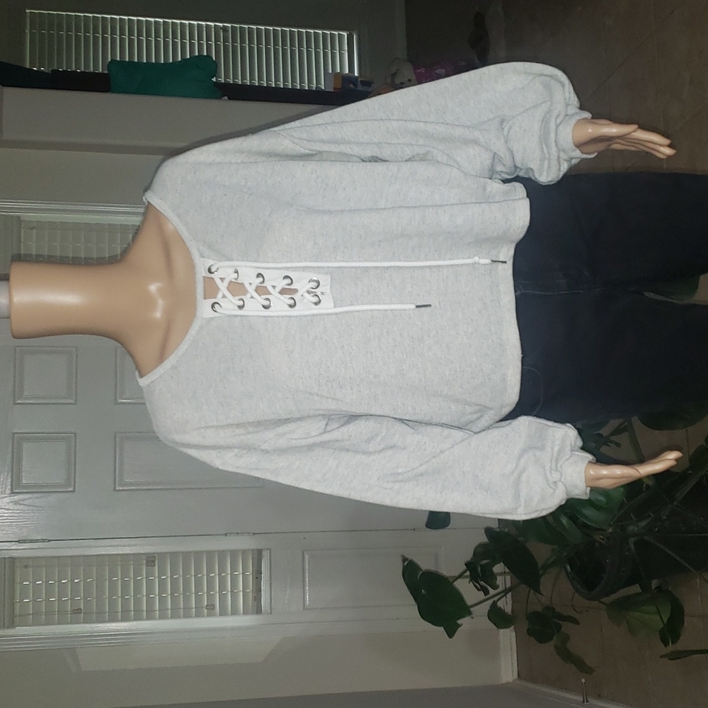 Newbury Kustom m lace up vneck sweater ballon sleeves slight crop 21" - Picture 1 of 6